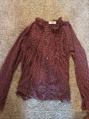MOD Burgundy Floral Ruffle-Collar Button-Down Shirt